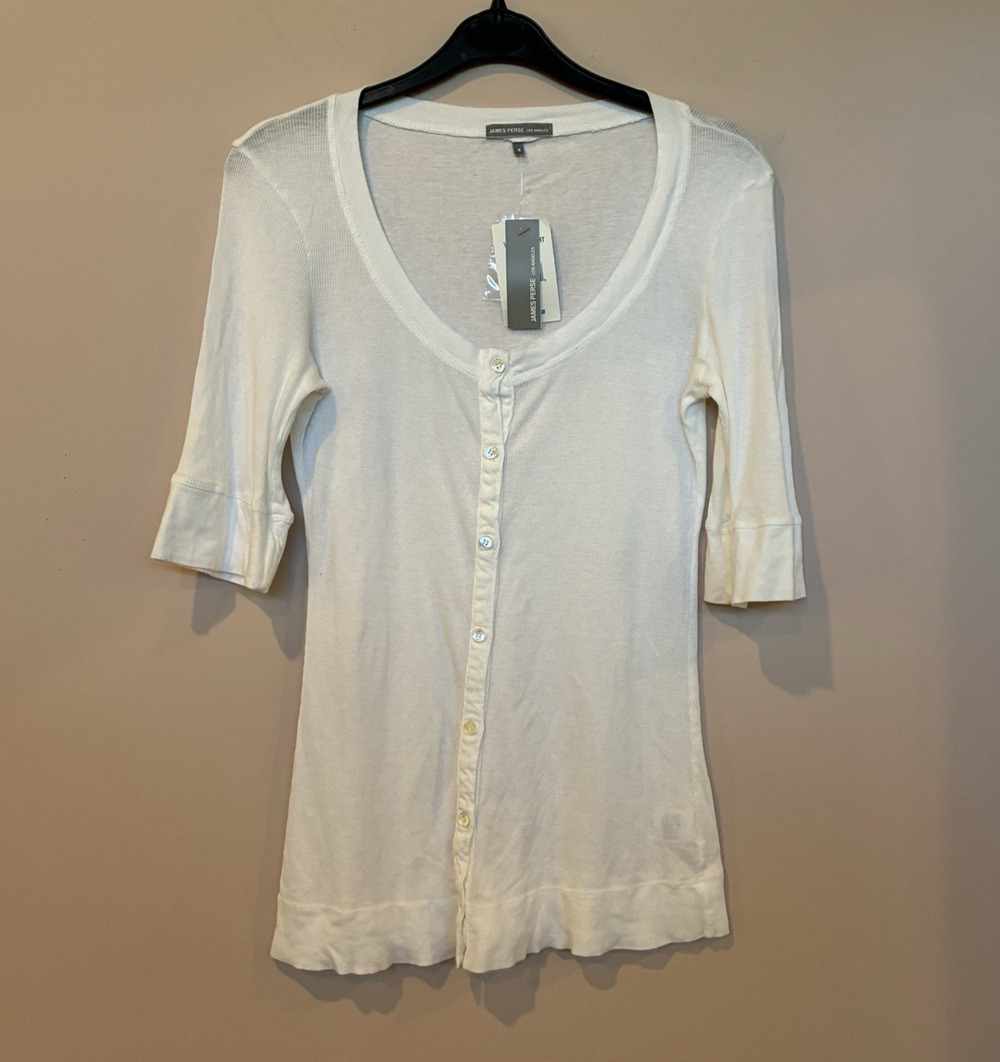 James Perse White 3/4 Sleeve Ribbed Scoop Neck Button T-Shirt Top Size 4